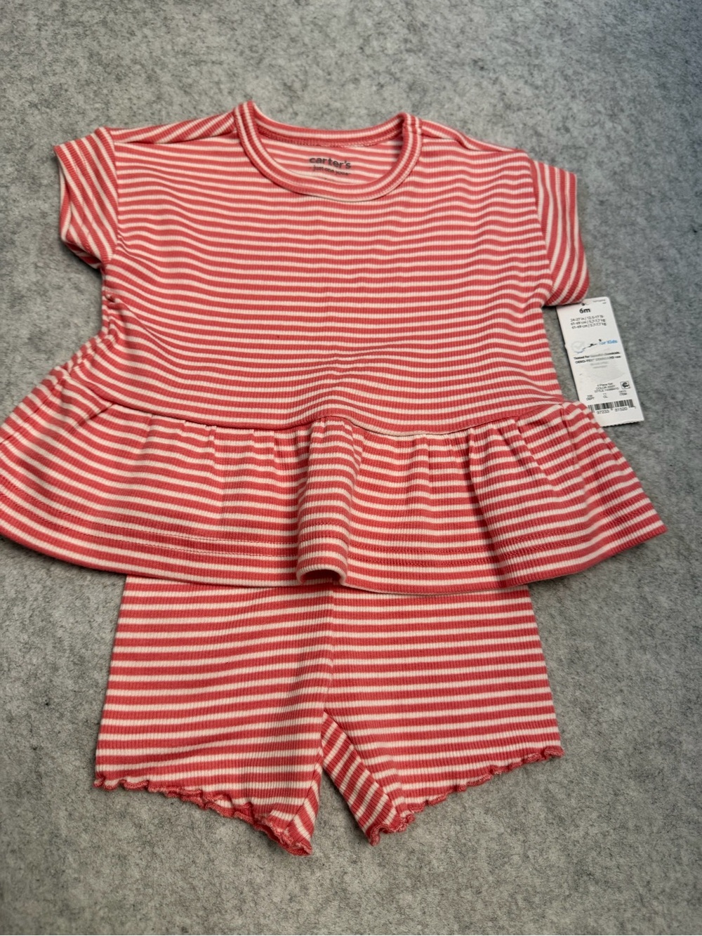 Carter's Coral and White Striped Girls' Peplum Top & Matching Shorts Set 6mo